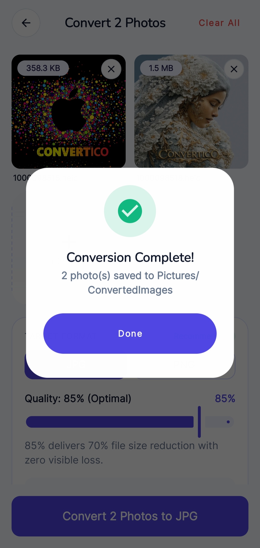 Conversion Complete Screen