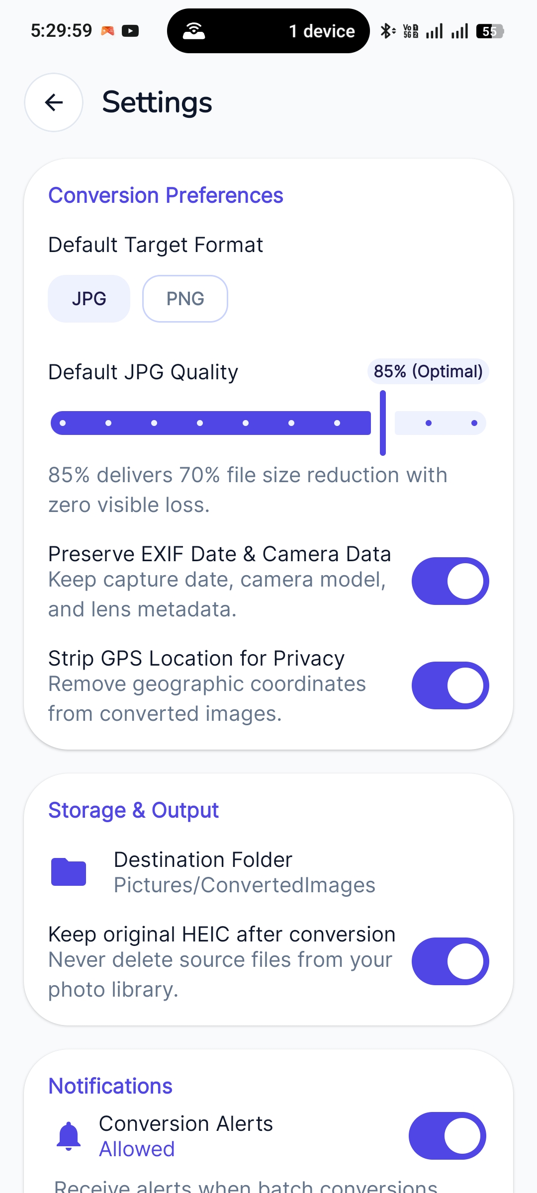 Settings & EXIF Privacy Screen